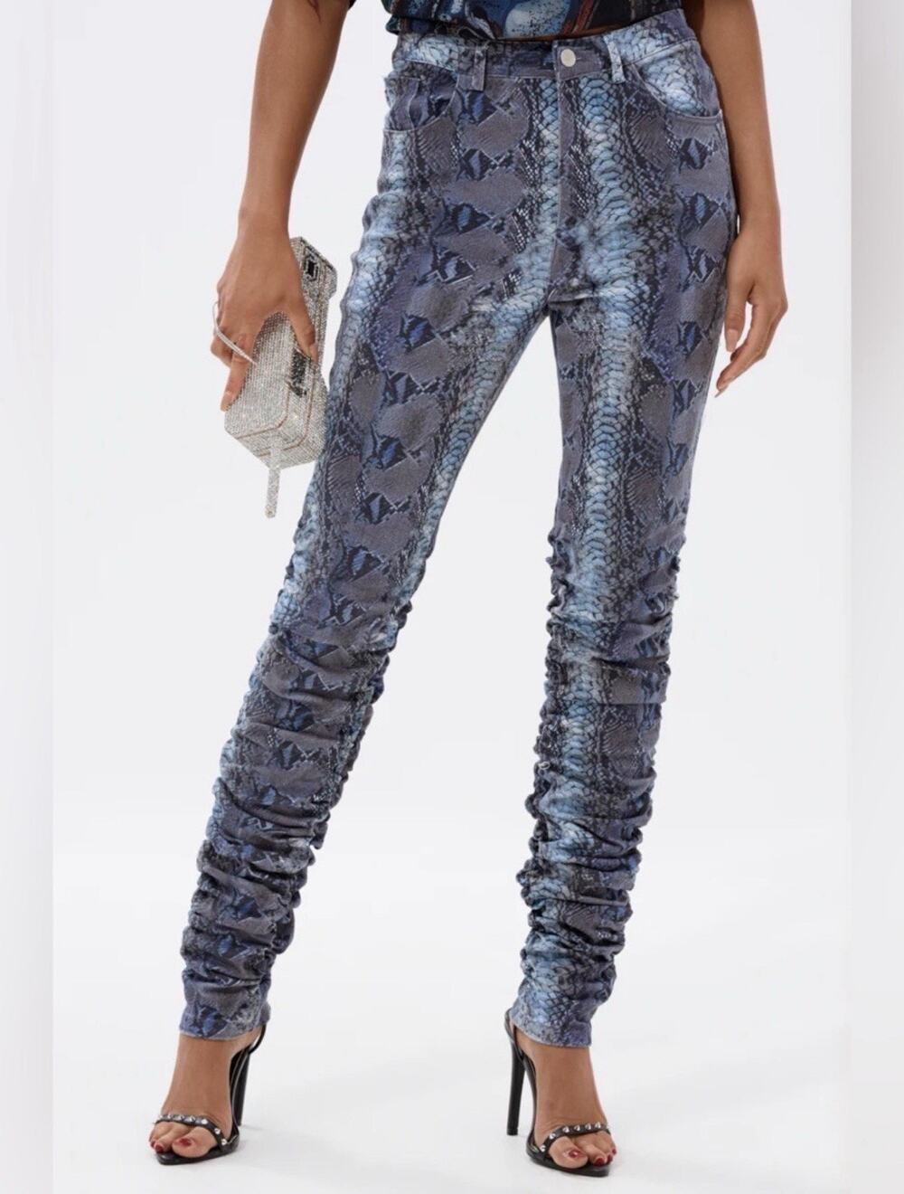 AKIRA Days End Ruched Stacked Snake Skinny Jeans Women’s XL NWT Blue Gray
